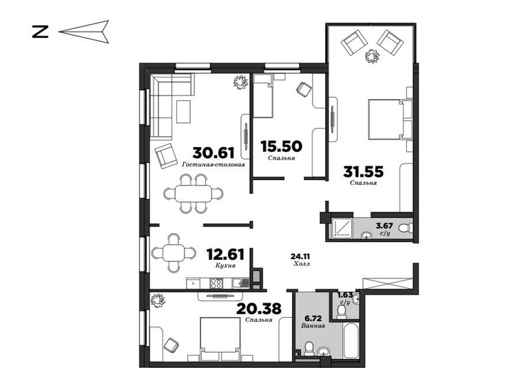 NEVA HAUS, Корпус 1, 4 спальни, 146.78 м² | планировка элитных квартир Санкт-Петербурга | М16